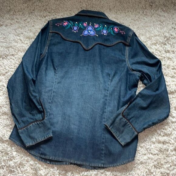 Awesome Vintage Lawman Western Shirt Women's Large Denim Embroidered Snap Button - Picture 6 of 13